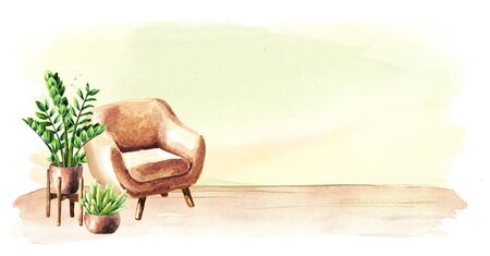 Chair in front of the empty wall, Interior or renovation concept. Watercolor hand drawn illustration with copy spaceの写真素材