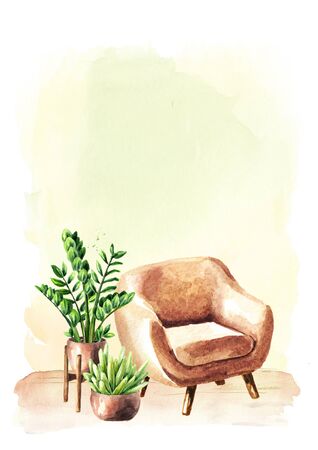 Chair with houseplants in front of the empty wall, Interior or renovation concept. Watercolor hand drawn illustration with copy spaceの写真素材