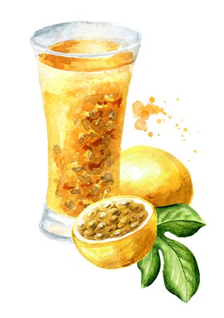 Fresh and iced passion fruit juice smoothies with Whole and half yellow passion fruit maracuya with green leaf.の写真素材