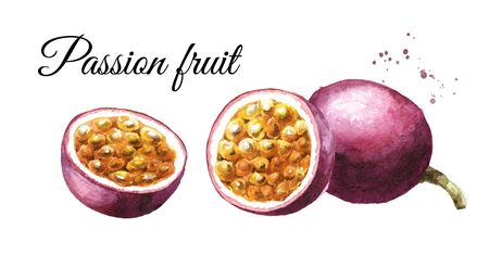 Whole and half passion fruit or maracuja on whiteの写真素材
