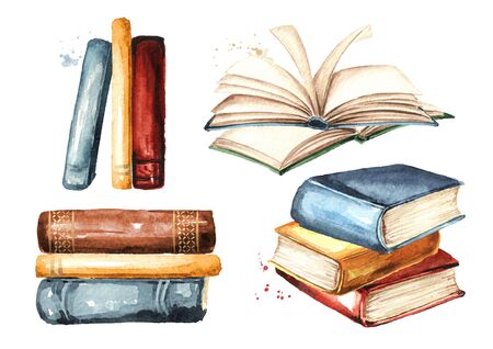 Collection of old books. Watercolor hand drawn illustration, isolated on white backgroundの写真素材