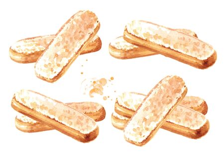 Savoiardi biscuits or ladyfingers cookies set. Watercolor hand drawn illustration, isolated on white...