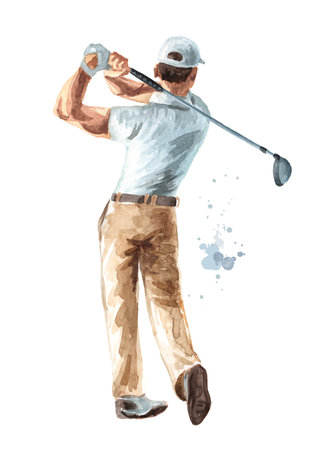 Golfer hitting ball with club. Hand drawn watercolor illustration, isolated on white backgroundの写真素材