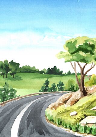 Road in the countryside. Trip concept with copy space. Hand-drawn watercolor illustrations and backgrounds.の写真素材