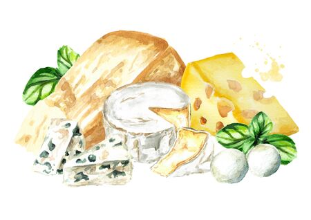 Various kinds of cheese. Hand drawn watercolor illustration, isolated on white backgroundの写真素材