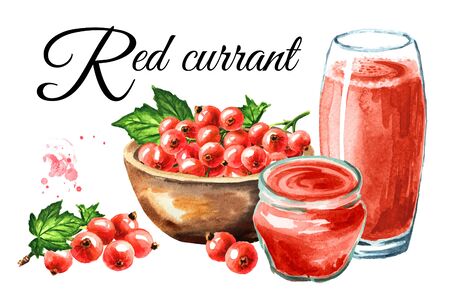 Red currant card with berries, jam and juice. Hand drawn watercolor illustration isolated on white backgroundの写真素材