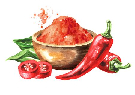 Bowl with Red hot chili pepper powder and pods. Hand drawn watercolor illustration  isolated on white backgroundの写真素材
