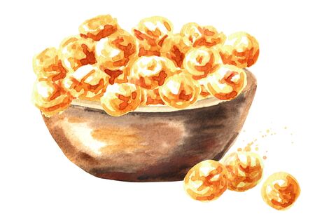 Bowl with caramel popcorn. Hand drawn watercolor illustration isolated on white backgroundの写真素材