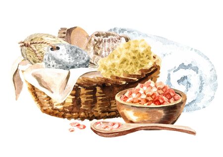 Spa concept. Bath accessories. Hand drawn watercolor illustration isolated on white backgroundの写真素材