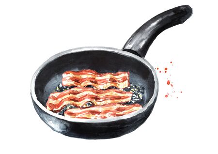 Fried bacon pieces in the pan. Hand drawn watercolor illustration isolated on white backgroundの写真素材