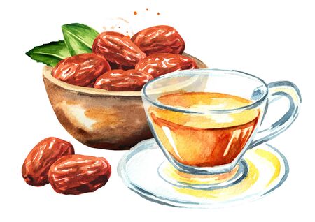 Bowl with Dried unabi fruit, ziziphus or jujube and cup of herbal tea. Hand drawn watercolor illustration isolated on white backgroundの写真素材