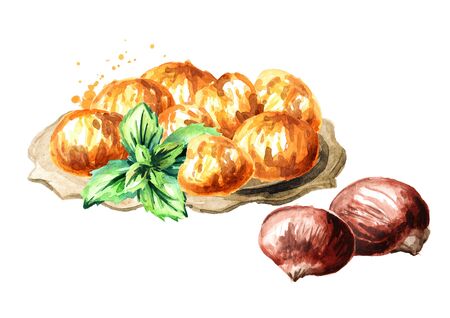 Plate with Candied edible Chestnuts. Hand drawn watercolor illustration isolated on white backgroundの写真素材