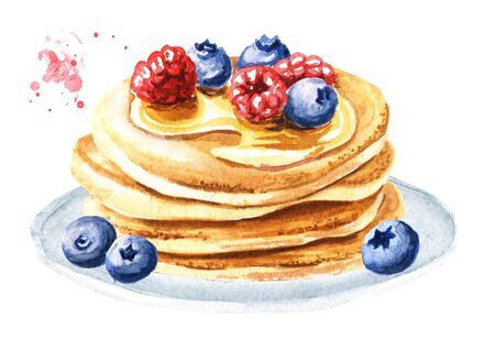Stack of pancakes with sweet maple syrup or honey and fresh raspberries and blueberries.. Hand drawn watercolor illustration isolated on white backgroundの写真素材