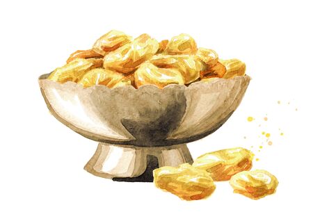 Bowl with Dried golden raisins. Hand drawn watercolor illustration, isolated on white backgroundの写真素材