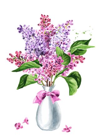 Bouquet of lilac flowers in the vase. Hand drawn watercolor illustration isolated on white backgroundの写真素材