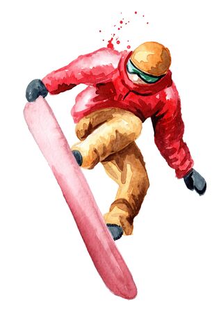 Young snowboarder jumps with a snowboard from a snowy mountain, winter recreation and vacation concept. Hand drawn watercolor illustration isolated on white backgroundの写真素材