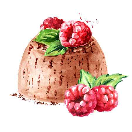 Sweet vanilla Panna cotta dessert with chocolate crumbs and mint leaf. Hand drawn watercolor illustration, isolated on white backgroundの写真素材