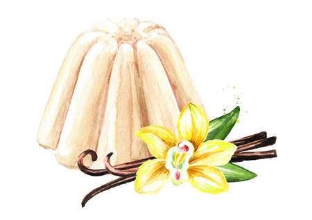 Sweet vanilla Panna cotta dessert with chocolate crumbs and mint leaf. Hand drawn watercolor illustration, isolated on white backgroundの写真素材