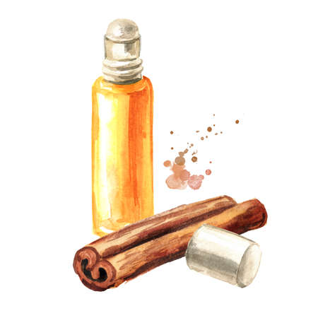 Cinnamon stick and bottle of essential oil, Hand drawn watercolor illustration isolated on white backgroundの写真素材