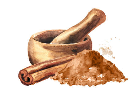 Cinnamon and mortar. Hand drawn watercolor illustration, isolated on white backgroundの写真素材
