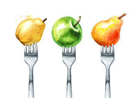 Apple pear quince on a fork. Concept of diet and healthy eating. Hand drawn watercolor illustration isolated on white backgroundの写真素材