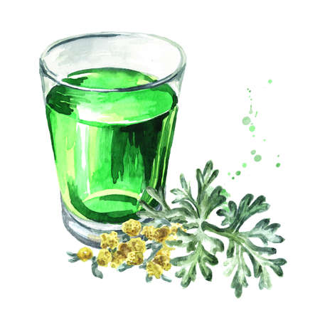 Alcoholic drink Absinthe in the shots and wormwood leaf. Wormwood tincture set. Hand drawn watercolor illustration isolated on white backgroundの写真素材