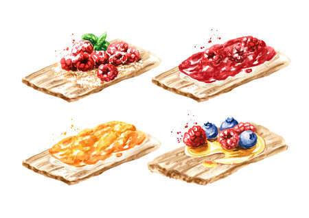 Crispbread vegan, vegetarian with jam and fresh berries set. Watercolor hand drawn illustration, isolated on white backgroundの写真素材