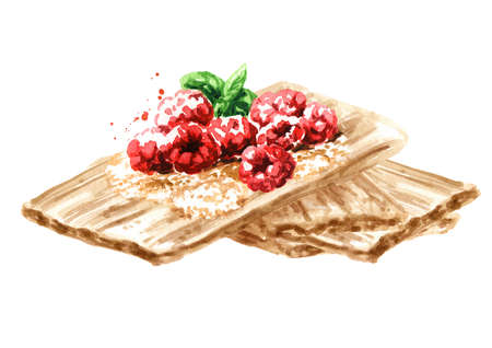 Crispbreads with fresh berries. Watercolor hand drawn illustration, isolated on white backgroundの写真素材
