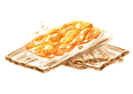 Crispbreads with sweet jam. Watercolor hand drawn illustration, isolated on white backgroundの写真素材