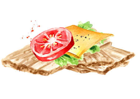 Crispbreads with with tomato and cheese. Watercolor hand drawn illustration, isolated on white backgroundの写真素材