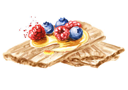 Crispbreads with honey and fresh berries. Watercolor hand drawn illustration, isolated on white backgroundの写真素材