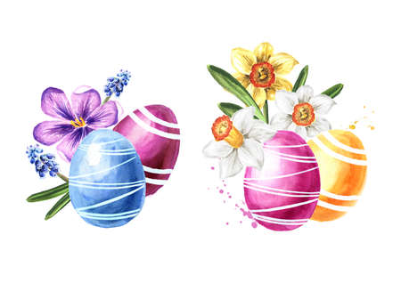 Easter colored eggs and spring flowers set. Hand drawn watercolor illustration isolated on white backgroundの写真素材