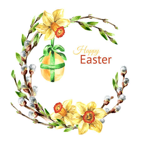 Happy Easter card, wreath with colored egg and spring flowers, Hand drawn watercolor illustration isolated on white backgroundの写真素材