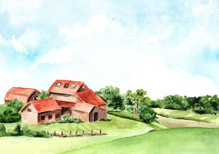 Agricultural farm in a landscape and blue sky with copy space. Hand drawn watercolor illustrationの写真素材