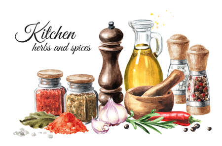 Kitchen herbs and spices card. Olive oil, rosemary, garlic, chili pepper, bay leaf, peppercorns, mortar and mill. Hand drawn watercolor illustration isolated on white backgroundの写真素材