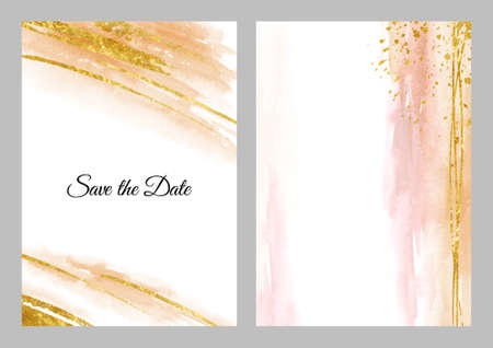 Yellow sand with gold vertical background and template set for posters And birthday, wedding, invitation, business cards, Hand drawn watercolor illustrationの写真素材