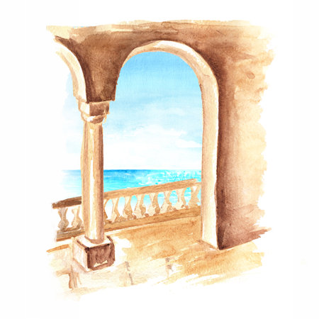 Old architecture of the Mediterranean, North Africa or Morocco. Hand drawn watercolor illustration isolated on white backgroundの写真素材