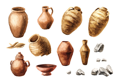 Old ceramic jugs and pots set. Hand drawn watercolor illustration isolated on white backgroundの写真素材