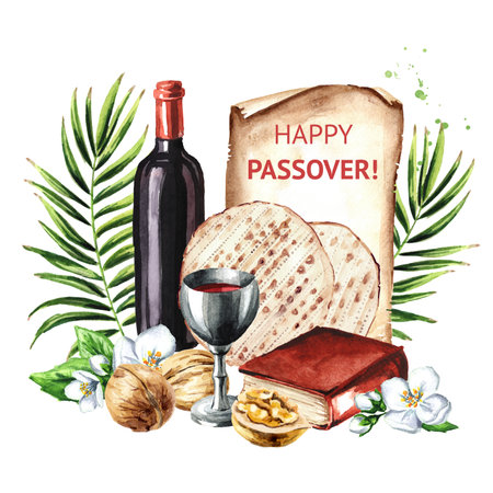 Passover seder traditional meal, Pesach card, Concept of jewish religious holiday. Watercolor hand...