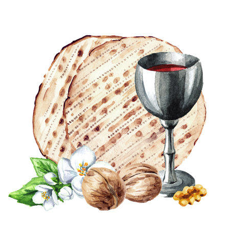 Red kosher wine in the silver glass with matzah or matza. Passover seder meal. Pesach. Watercolor...