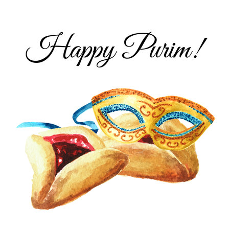 Happy Purim card. Carnival mask and Traditional Jewish cookies Hamantaschen for Purim holiday. Hand drawn watercolor illustration isolated on white backgroundの写真素材