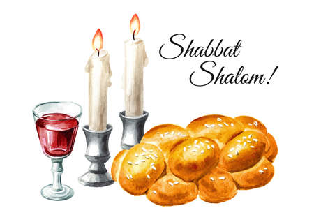 Shabbat Shalom card, Traditional jewish celebration oh the Shabbat, challah, candles and wine. Hand drawn watercolor illustration, isolated on white backgroundの写真素材