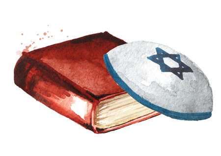 Thor Book and Kippah. Hand drawn watercolor illustration, isolated on white backgroundの写真素材