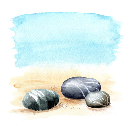 Colorful sea pebbles stones on the sand on the background of the sea with copy space. Hand drawn watercolor illustration isolated on white backgroundの写真素材