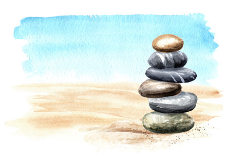 Colorful sea pebbles stones tower on the sand on the background of the sea with copy space. Hand drawn watercolor illustration isolated on white backgroundの写真素材