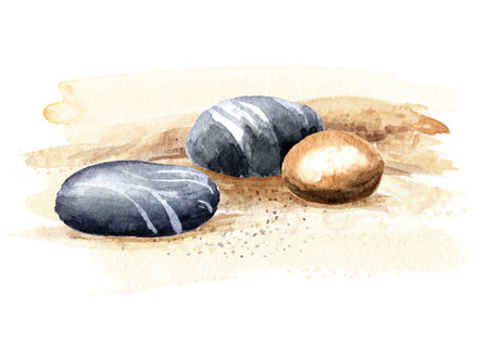 Colorful sea pebbles stones on the sand. Hand drawn watercolor illustration isolated on white backgroundの写真素材