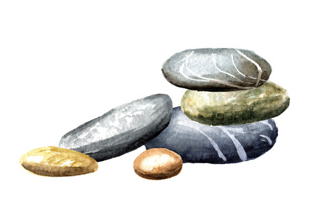 Colorful sea pebbles stones. Hand drawn watercolor illustration isolated on white backgroundの写真素材