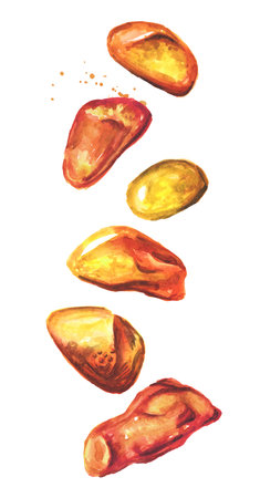Falling Pieces of Transparent amber of various shapes. Hand drawn watercolor illustration, isolated on white backgroundの写真素材