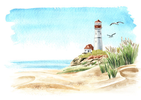 Seascape with rocks and an old lighthouse on the background of the sea with copy space, Hand drawn watercolor illustration, isolated on white backgroundの写真素材