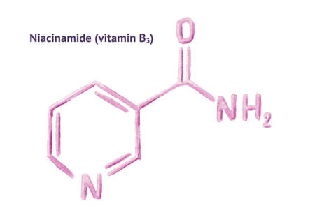 Niacinamide molecule formula, vitamin B3. Watercolor hand drawn illustration, isolated on white backgroundの写真素材